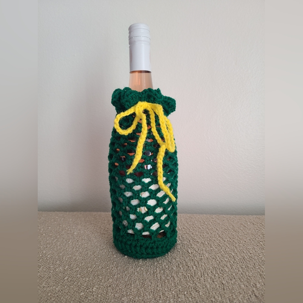 Handcrafted Green and Gold Crochet Wine Bottle Cover